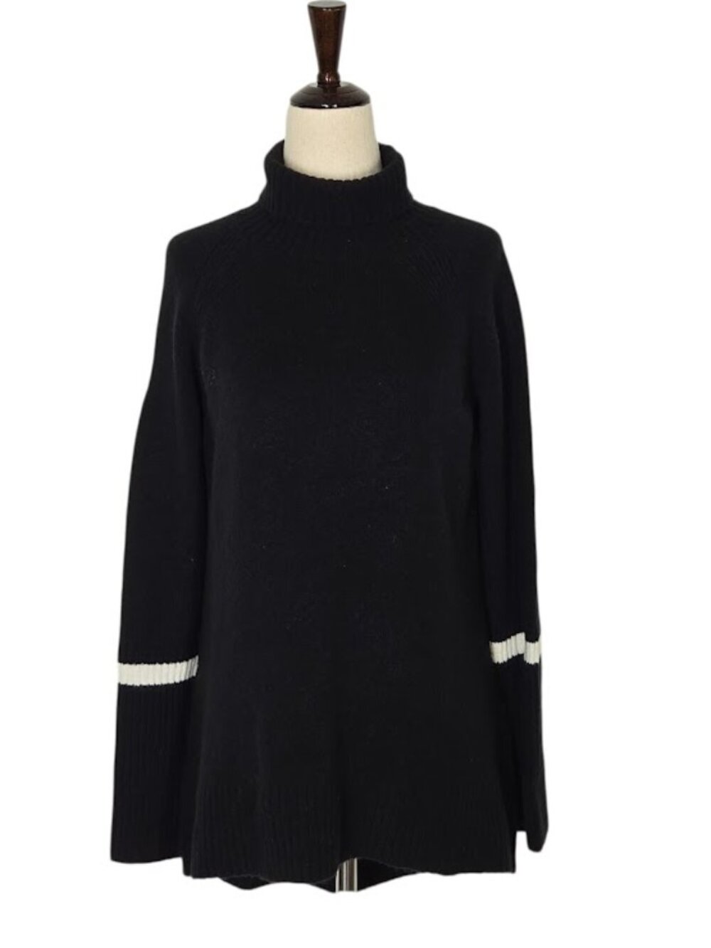 HALOGEN Womens XS Black Wool Blend Turtleneck Tunic Sweater White Stripe NWOT